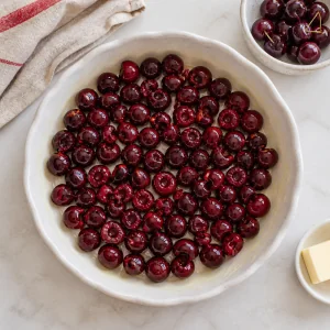 Des cerises douces réparties dans un plat beurré