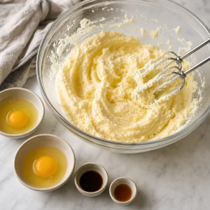 Cremig geschlagene Butter und Zucker mit Eiern zum Einruehren