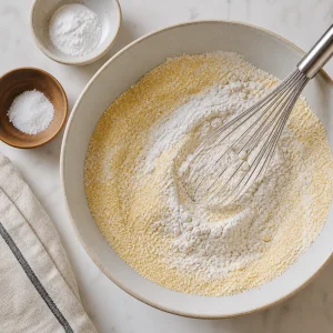 Trockene Kuchenzutaten in einer Schuessel verruehrt