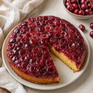 Finished cherry cornmeal upside-down cake with a cut slice