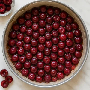 Halbierte Kirschen in einer Kuchenform ausgelegt