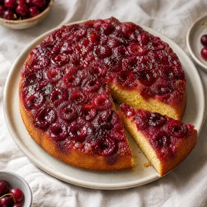 Angeschnittener umgedrehter Kirschkuchen mit Maismehl