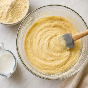 Dicker gelber Kuchenteig in einer Schuessel vermengt
