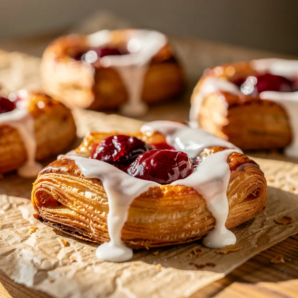 Golden cherry-filled Danish pastries with flaky layers and white almond glaze
