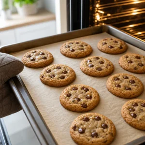 Freshly baked almond butter chocolate chip cookies with golden edges