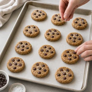 Topping raw almond butter cookie rounds with chocolate chips and flaky sea salt