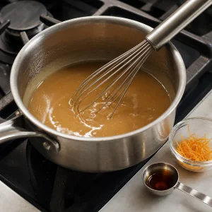 Composto lucido di sciroppo d’acero e crema di mandorle nel pentolino