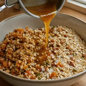 Composto caldo all’acero versato su avena, frutta secca, semi e albicocche