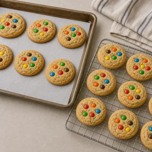 Candy cookies cooling on a baking sheet and wire rack