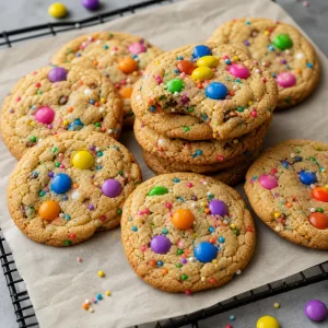 Chewy candy cookies with chocolate candies and rainbow sprinkles