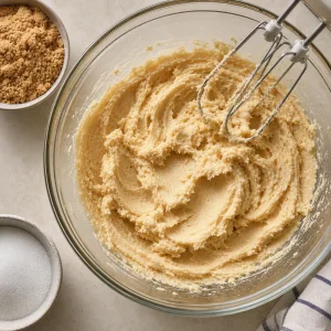 Creamed butter and sugars in a mixing bowl