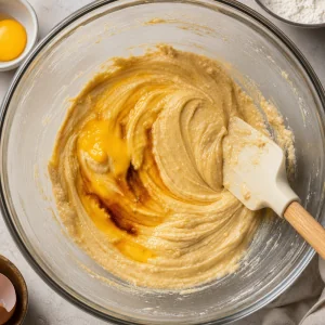 Egg, yolk, and vanilla being mixed into cookie dough base