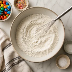 Flour mixture whisked in a bowl with baking soda and salt
