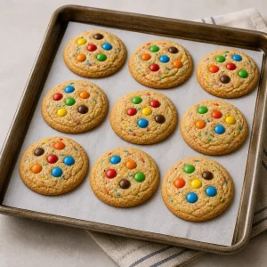 Freshly baked candy cookies with golden edges on a baking sheet