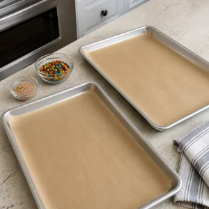 Parchment-lined baking sheets ready for cookie dough