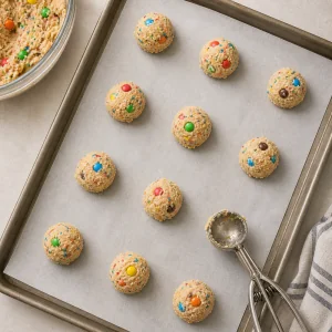 Scooped candy cookie dough portions spaced on parchment