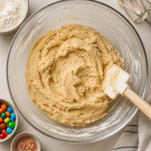 Thick cookie dough mixed until no dry flour remains