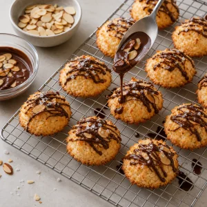 Chocolate almond drizzle spooned over golden coconut macaroons