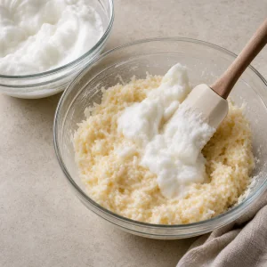 Foamy egg whites folded into the coconut macaroon mixture