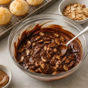 Glossy chocolate almond drizzle with toasted sliced almonds