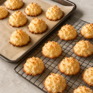 Golden coconut macaroons cooling on a wire rack