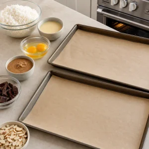 Parchment-lined baking sheets with macaroon ingredients nearby