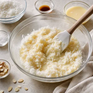 Shredded coconut mixed with condensed milk in a glass bowl