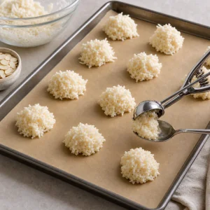 Unbaked coconut macaroon mounds portioned on parchment