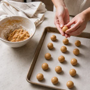 Étape 2 : garniture au beurre de noix et sucre glace façonnée en petites boules sur papier cuisson.