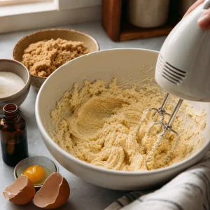 Étape 3 : beurre ramolli et sucres crémés avec œuf et vanille pour la pâte à cookies.