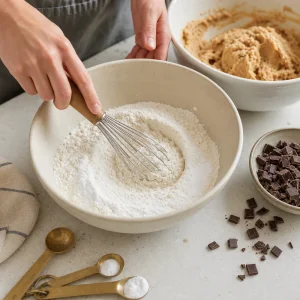 Étape 4 : ingrédients secs fouettés avant d’être incorporés à la pâte à cookies.