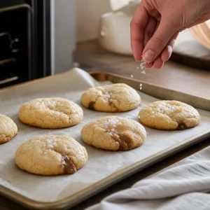 Étape 6 : cookies blond doré saupoudrés de sel en flocons juste après cuisson.