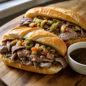 Panino con manzo, peperoni, giardiniera e jus