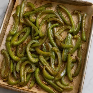 Pieczone paski zielonej papryki na blasze