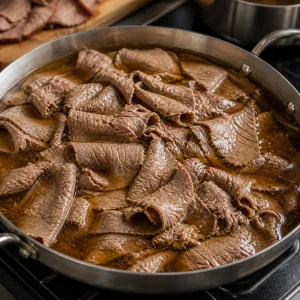 Cienkie plastry wołowiny podgrzewane w sosie