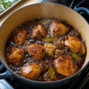 Pollo dorado cociéndose con laurel, granos de pimienta y azúcar moreno