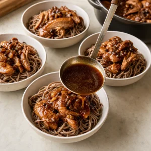 Adobo de pollo con salsa servido sobre fideos soba escurridos