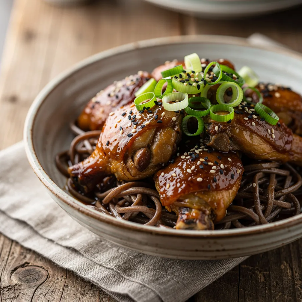 Chicken adobo served over soba noodles in a ceramic bowl, garnished with green onions and sesame seeds