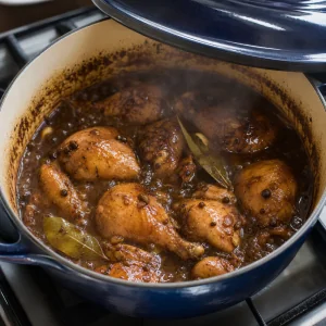 Adobo de pollo cociéndose parcialmente tapado hasta quedar tierno