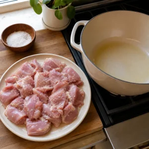 Trozos de muslo de pollo cortados y salados junto a una olla de hierro con aceite calentándose