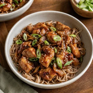 Bol terminado de pollo adobo con soba, cebolletas y semillas de sésamo