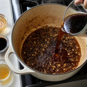 Ajo salteado con salsa de soja, vinagre y caldo para la salsa adobo