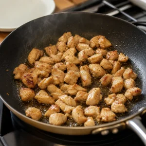 Bite-size chicken pieces browning in a skillet