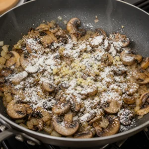 Browned mushrooms sprinkled with flour and garlic