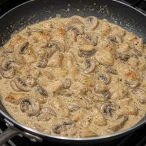 Chicken folded into creamy mushroom sauce