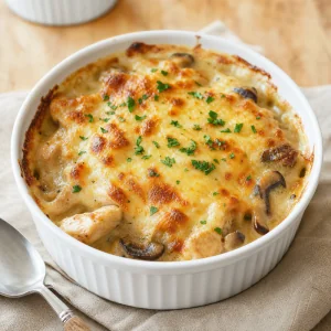 Finished chicken and mushroom julienne with golden cheese and parsley