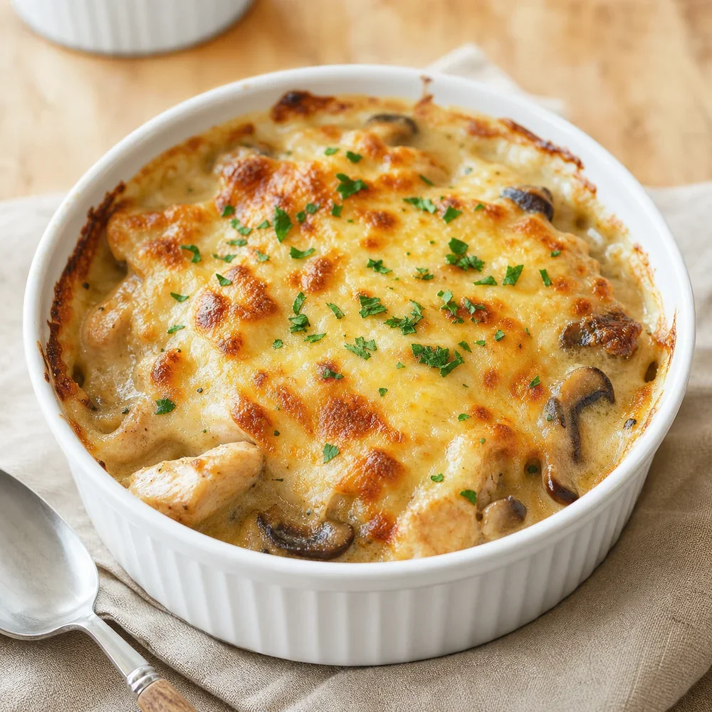 Finished chicken and mushroom julienne with golden cheese and parsley