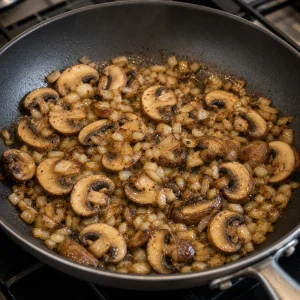 Mushrooms and onion browning in butter