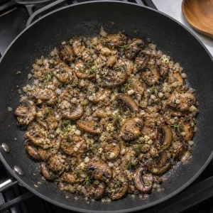 Funghi rosolati con scalogno, aglio e timo in padella