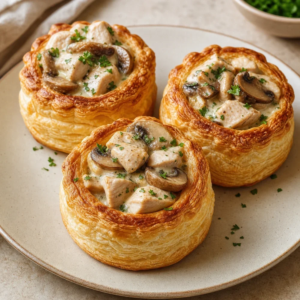 Vol-au-vent con pollo e funghi in gusci di sfoglia dorati